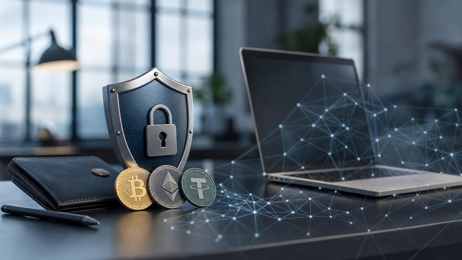 A crypto wallet owner checks a support message, destination address, token network, and transaction details before sending BTC, ETH, or USDT